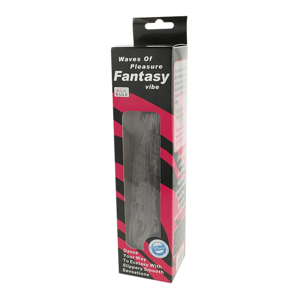 Emballage du vibrateur Fantasy Waves Of Pleasure, boîte noire et rose avec photo du produit gris foncé texturé, molette de réglage visible