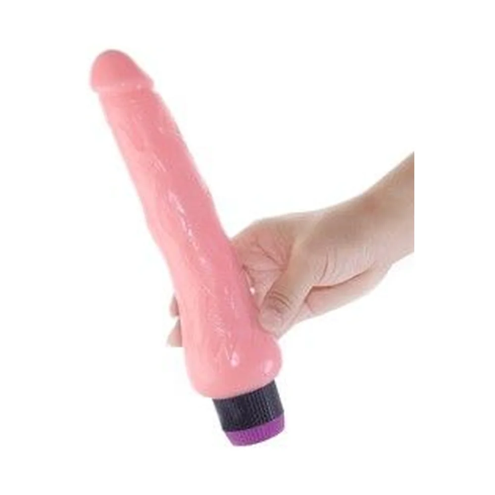 Vibromasseur réaliste en vinyle rose clair avec veines apparentes, embout arrondi et base noire avec anneau de commande violet, sur fond blanc
