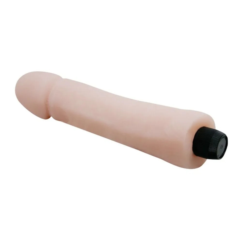 Vibromasseur réaliste en silicone beige clair, forme anatomique avec gland arrondi, corps cylindrique, anneau de maintien, embout noir pour piles, fond blanc
