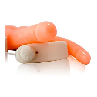 Vibromasseur double pénétration latex rose corail, base ventouse, autre vue 3