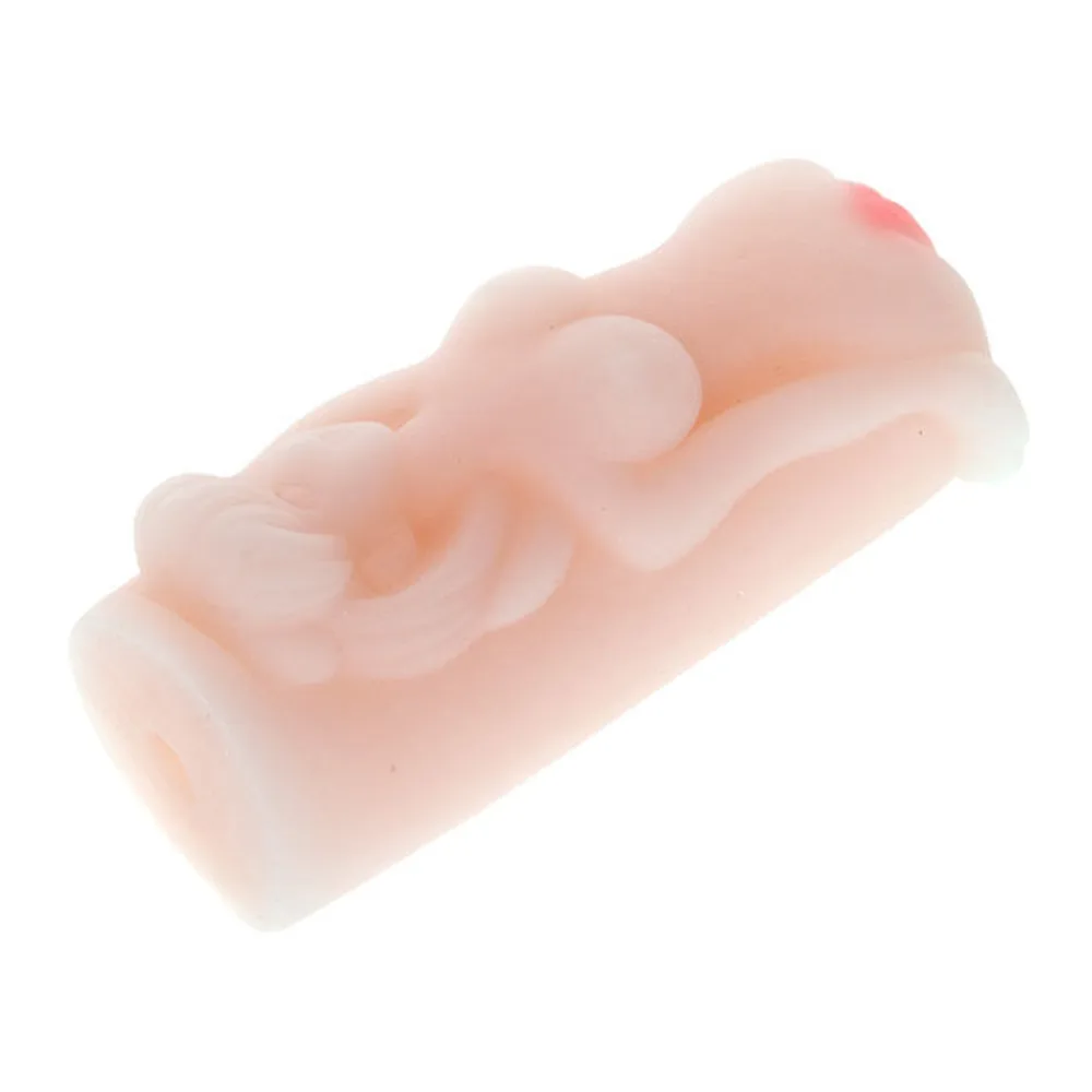 Masturbateur féminin en silicone beige clair de petite taille, en forme anatomique, avec détails texturés et point rouge indicatif sur fond blanc