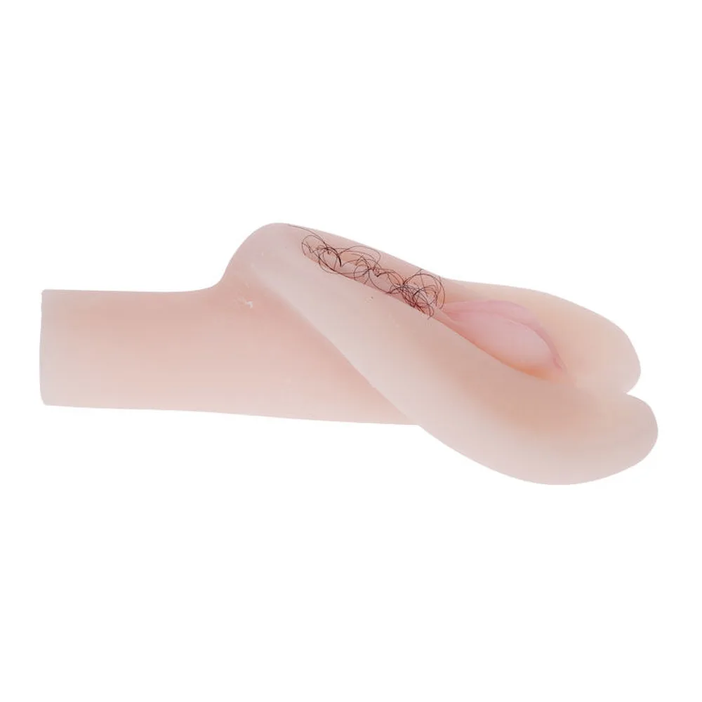Masturbateur en silicone beige chair avec détails anatomiques en relief et zone centrale rose, deux orifices visibles, sur fond blanc