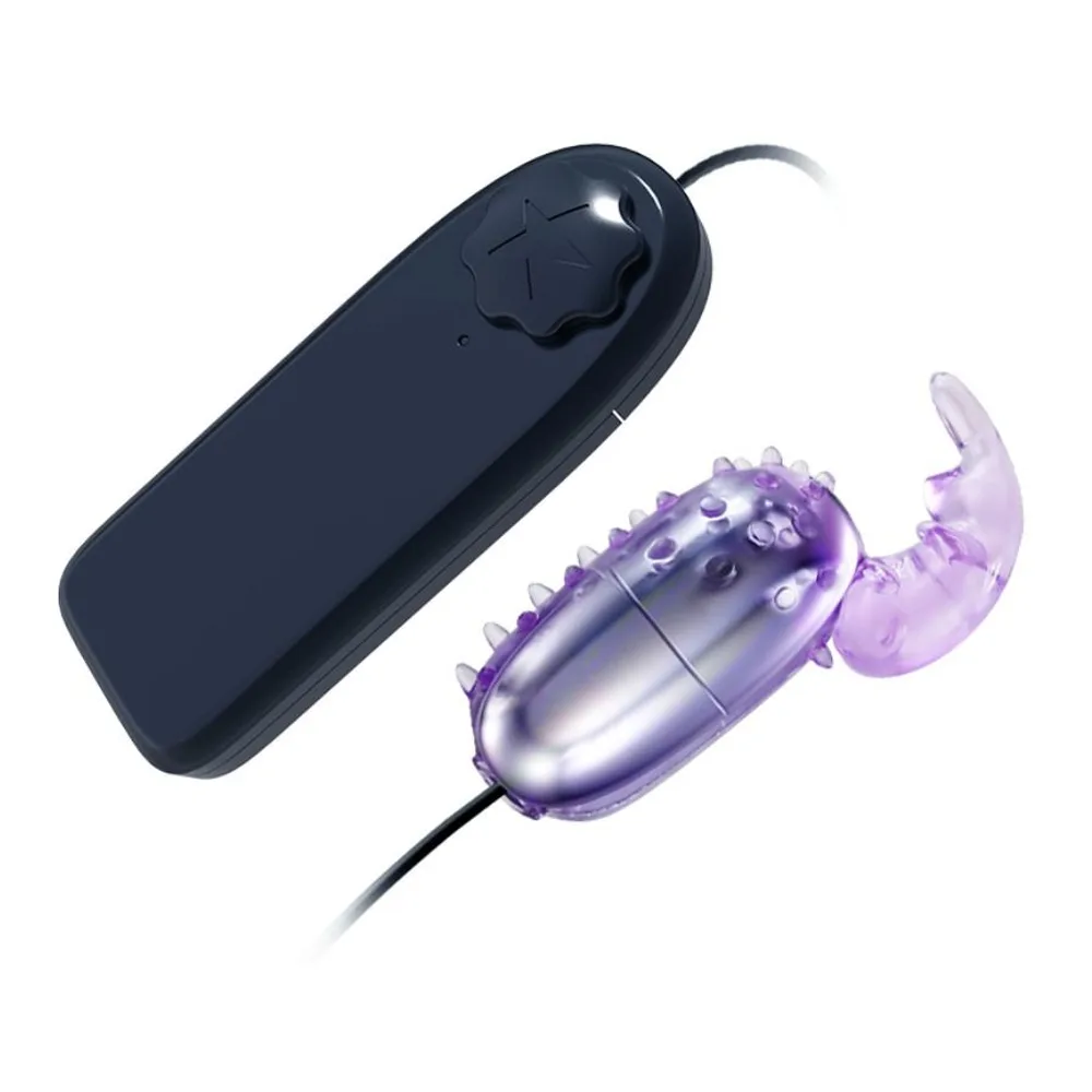 Vibromasseur œuf en silicone violet avec extensions texturées, cordon noir, à côté de sa télécommande noire en forme d'étoile sur fond blanc