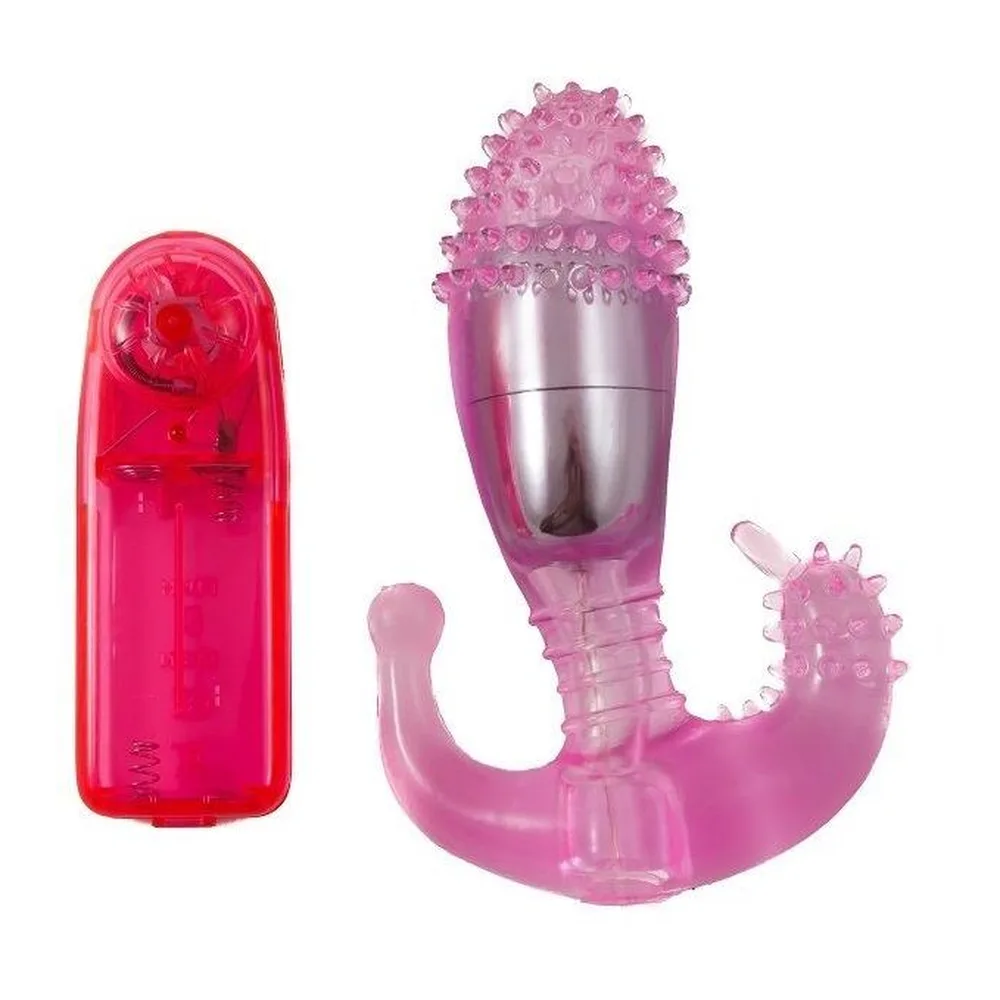 Stimulateur rose en silicone avec gaine à picots et boîtier de commande rectangulaire translucide, posés sur fond blanc avec emballage visible à gauche