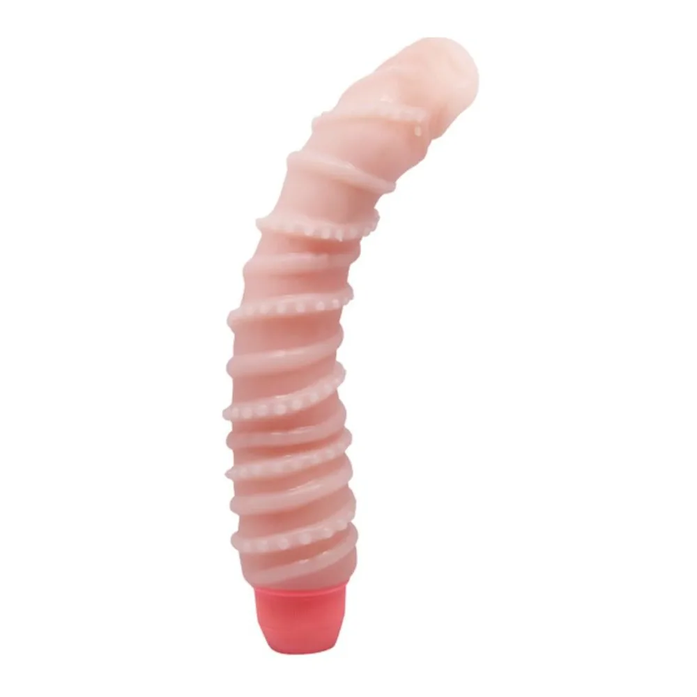 Vibromasseur en silicone rose pâle avec tige nervurée en spirale et embout rouge, sur fond blanc