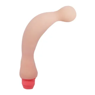 Vibromasseur incurvé en silicone beige clair avec embout rose vif, armature flexible, sur fond blanc