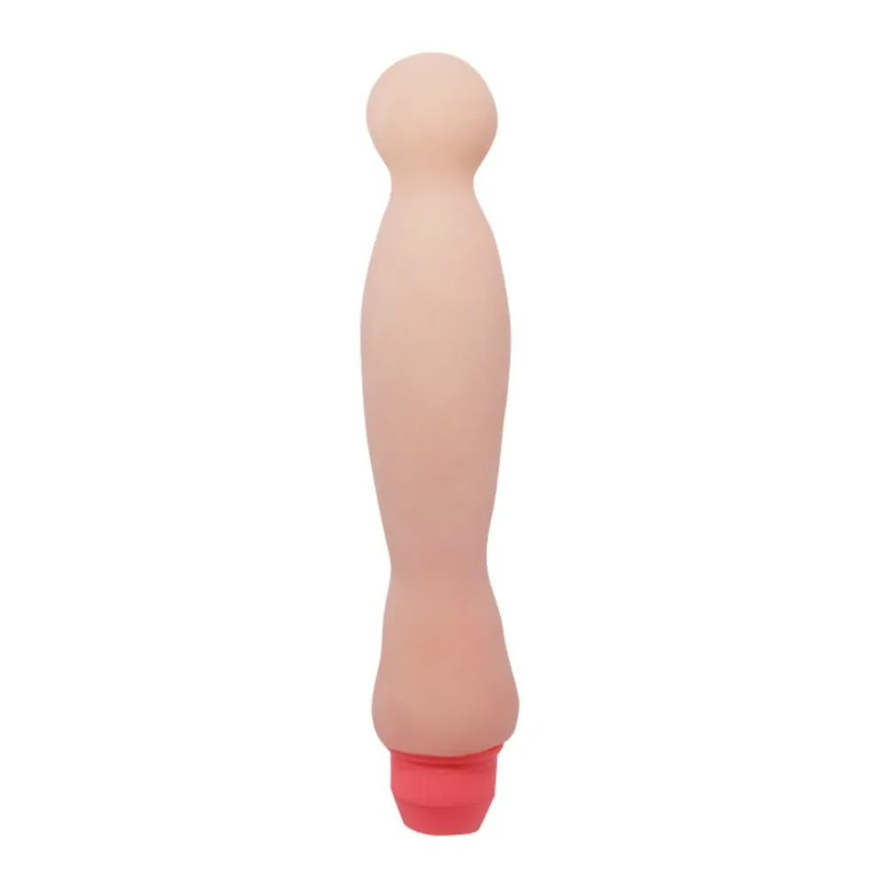 Vibromasseur incurvé en silicone beige clair avec embout rose vif, armature flexible, sur fond blanc