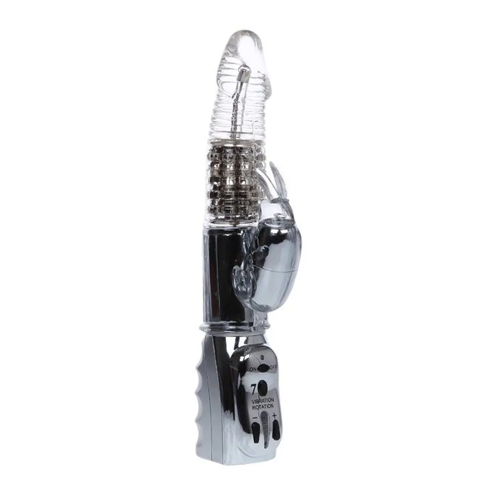 Vibromasseur rotatif transparent et noir avec tige à billes rotatives, stimulateur clitoridien articulé, base de commande grise et crochet de suspension, sur fond blanc