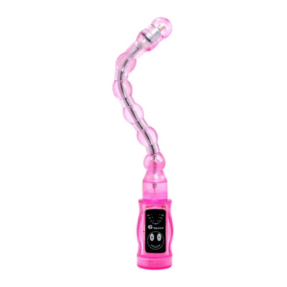 Stimulateur anal rose vif avec chapelet de perles flexibles en silicone et poignée de contrôle dotée d'un écran LED, fond blanc
