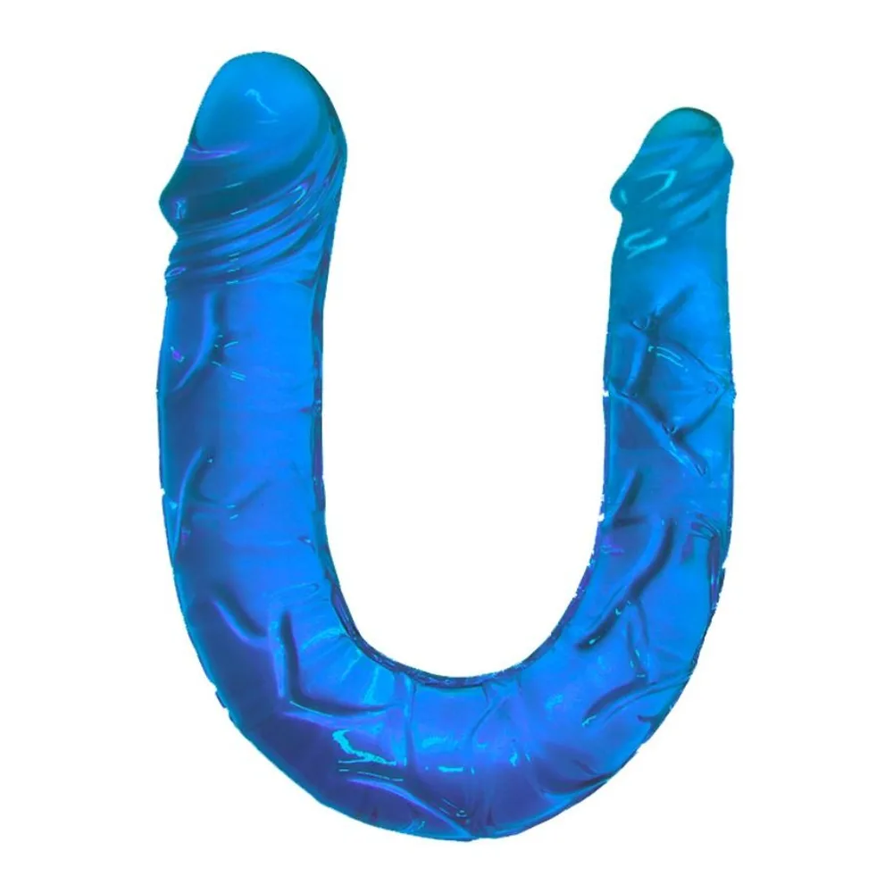 Double gode en silicone rose translucide, forme courbée en C avec deux extrémités arrondies, sur fond blanc