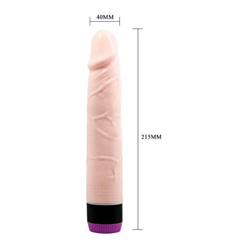Schéma de dimensions d'un vibromasseur réaliste en silicone chair veiné, 40 mm de diamètre et 215 mm de longueur, avec anneau de commande noir et violet à la base