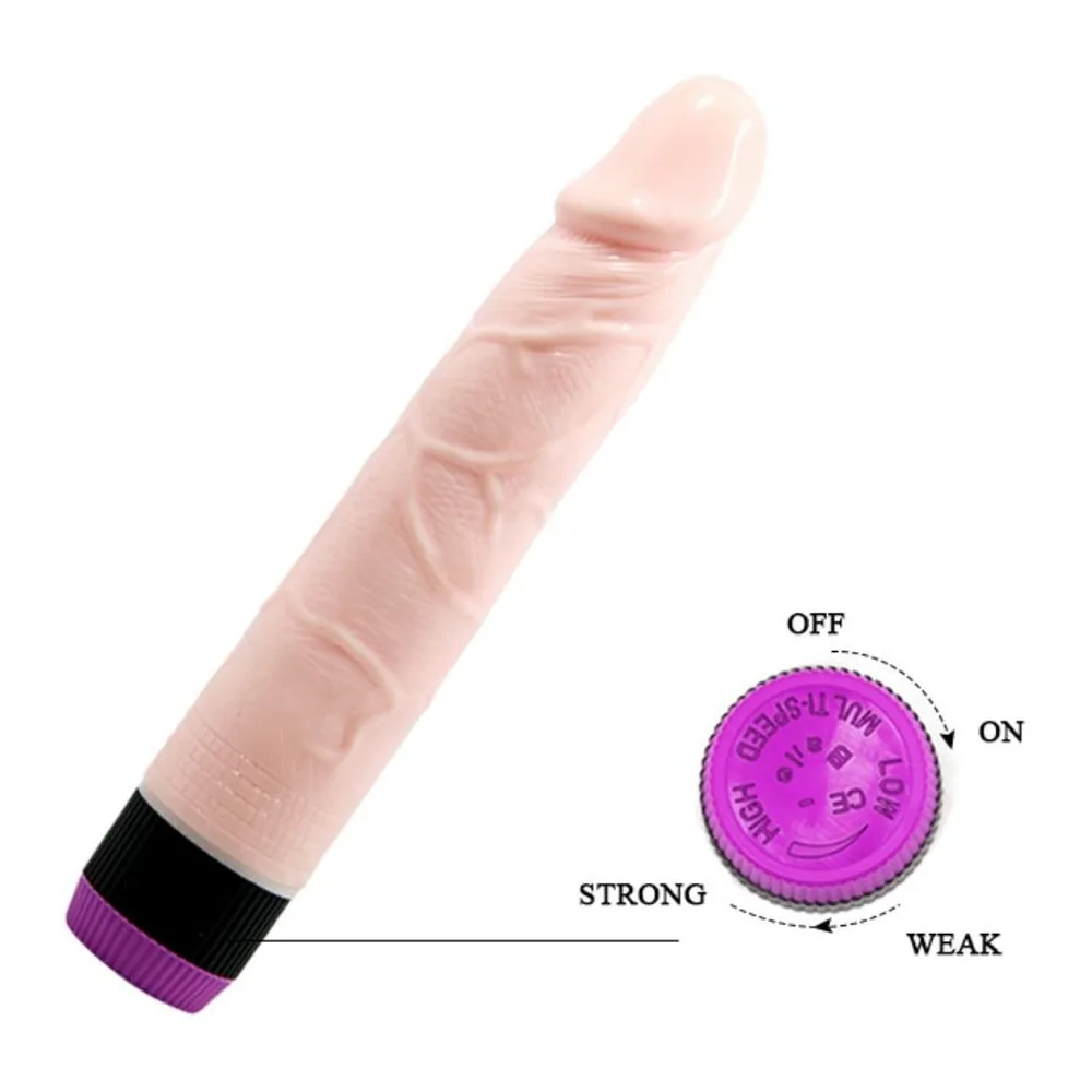 Schéma de dimensions d'un vibromasseur réaliste en silicone chair veiné, 40 mm de diamètre et 215 mm de longueur, avec anneau de commande noir et violet à la base