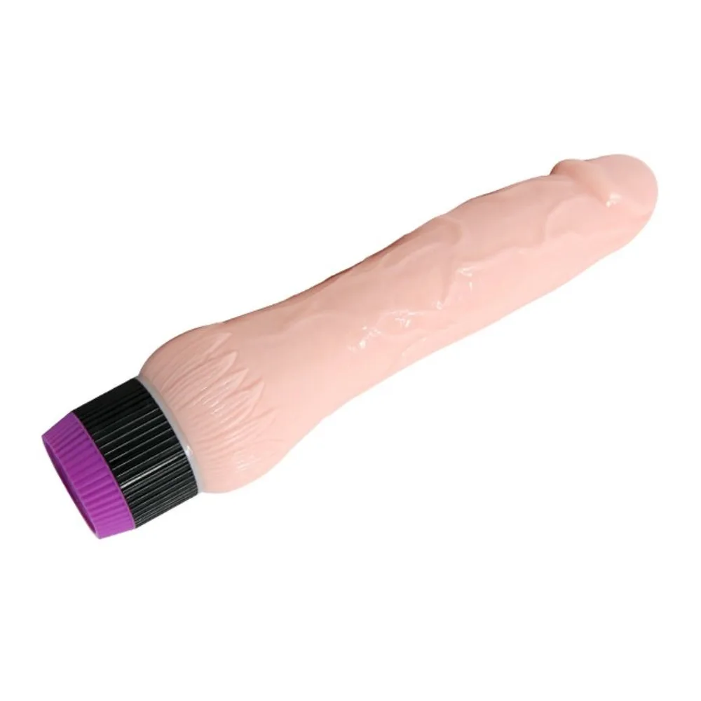 Vibrateur réaliste en silicone rose clair avec texture détaillée, tête arrondie et base large noire et violette, fond blanc