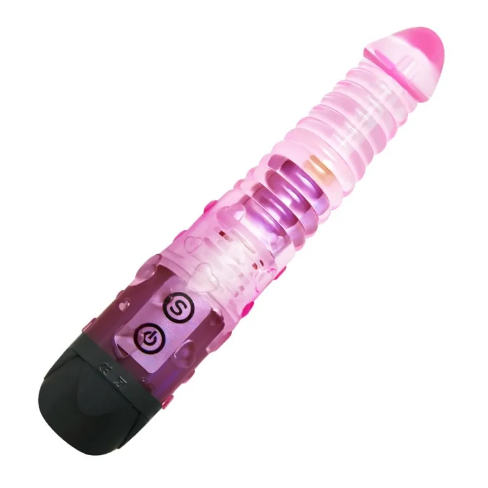 Vibromasseur rose et noir avec tige nodulée, pointe arrondie et base de contrôle avec deux boutons, dégradé de teintes roses et mauves
