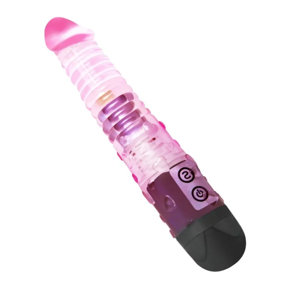 Vibromasseur rose et noir avec tige nodulée, pointe arrondie et base de contrôle avec deux boutons, dégradé de teintes roses et mauves