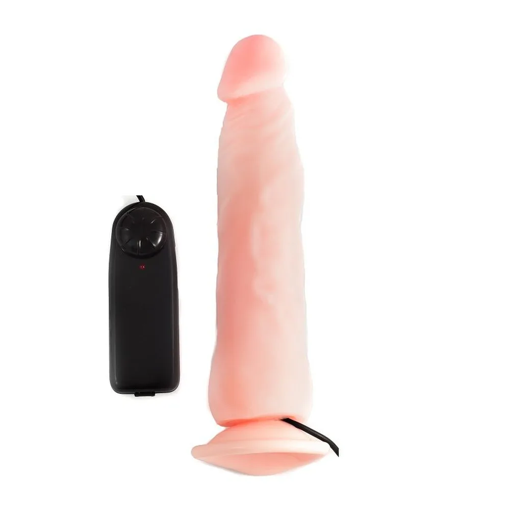 Vibromasseur réaliste en silicone rose clair avec tête glandulaire, base large, et télécommande filaire noire avec contrôle d'intensité, sur fond blanc