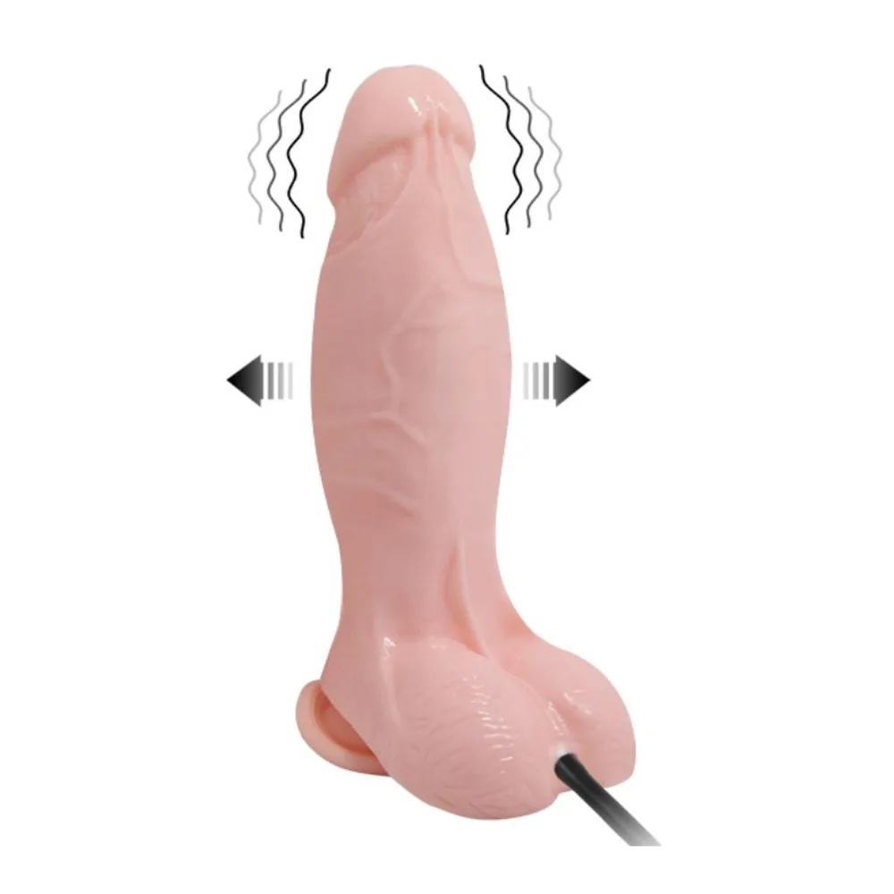 Gode vibrant réaliste en silicone chair avec base ventousée, tête gonflable et textures détaillées, schéma montrant fonctionnalités de vibration et gonflage