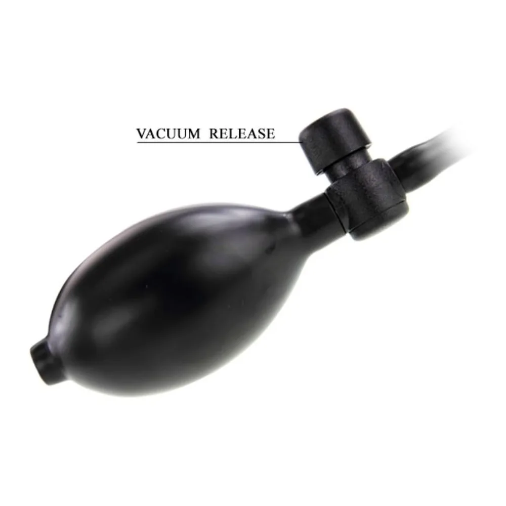 Gode vibrant réaliste en silicone chair avec base ventousée, tête gonflable et textures détaillées, schéma montrant fonctionnalités de vibration et gonflage