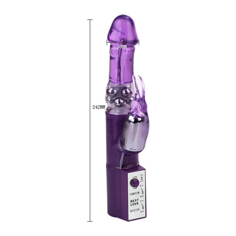 Vibromasseur rabbit violet translucide avec tige rotative, perles métalliques visibles, lapin clitoridien articulé, commandes séparées et bloc de commande blanc sur fond blanc