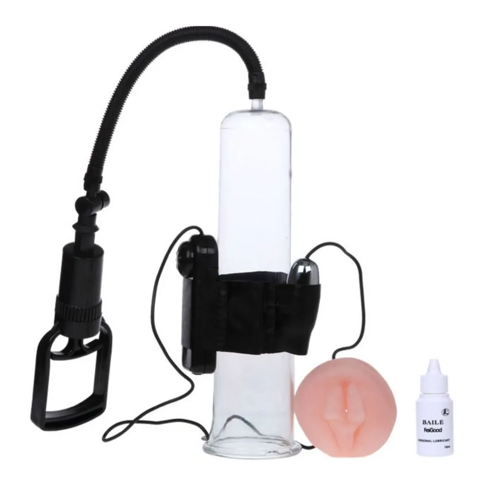 Pompe à pénis transparent avec tube cylindrique, poire noire actionnée à la main, balle vibrante rose pêche avec télécommande filaire, et flacon de lubrifiant fourni