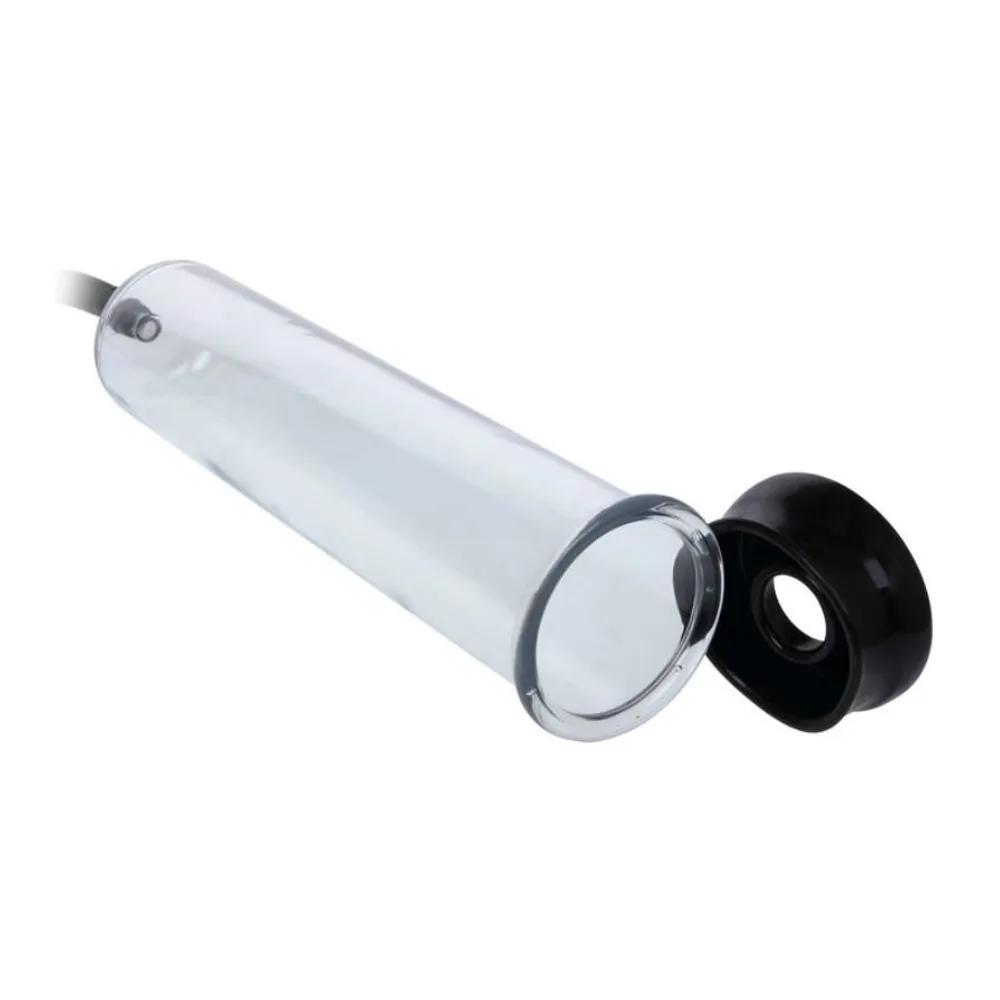 Pompe à pénis transparent avec tube cylindrique, poire noire actionnée à la main, balle vibrante rose pêche avec télécommande filaire, et flacon de lubrifiant fourni
