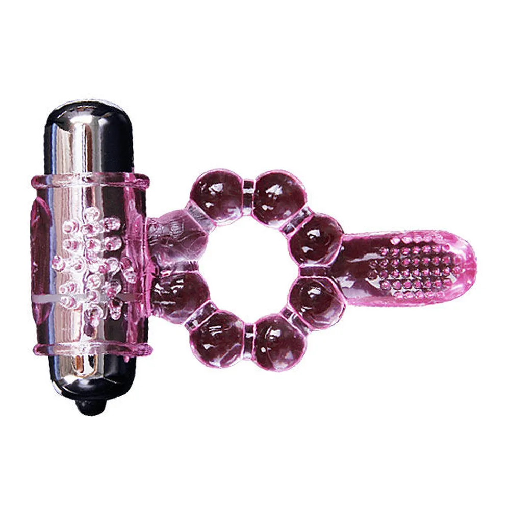 Anneau vibrant en silicone rose transparent avec perles texturées disposées en cercle, tête de stimulation pointue, boîtier de contrôle noir avec capuchon, fond blanc