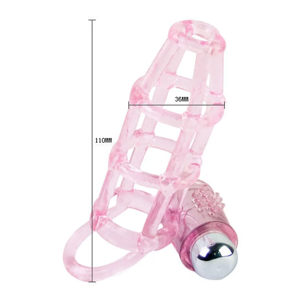 Cage ajourée en silicone rose translucide avec structure en quadrillage, balle vibrante amovible en métal argenté, schéma de dimensions 111 mm de hauteur et 36 mm de largeur
