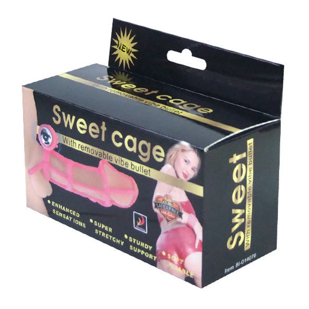 Cage ajourée en silicone rose translucide avec structure en quadrillage, balle vibrante amovible en métal argenté, schéma de dimensions 111 mm de hauteur et 36 mm de largeur