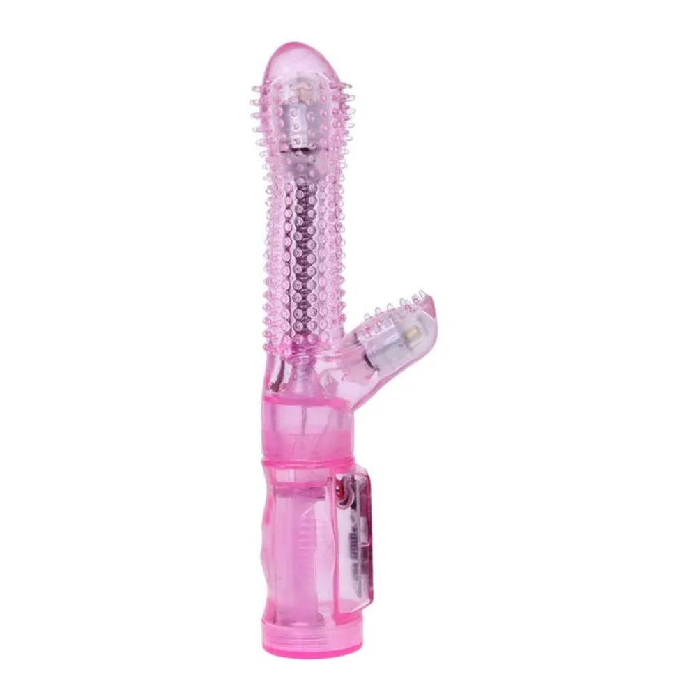 Vibromasseur rose translucide avec tête arrondie à picots, stimulateur clitoridien en langue flexible sur le côté, fonctionnement à piles, sur fond blanc