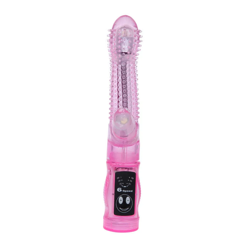 Vibromasseur rose translucide avec tête arrondie à picots, stimulateur clitoridien en langue flexible sur le côté, fonctionnement à piles, sur fond blanc