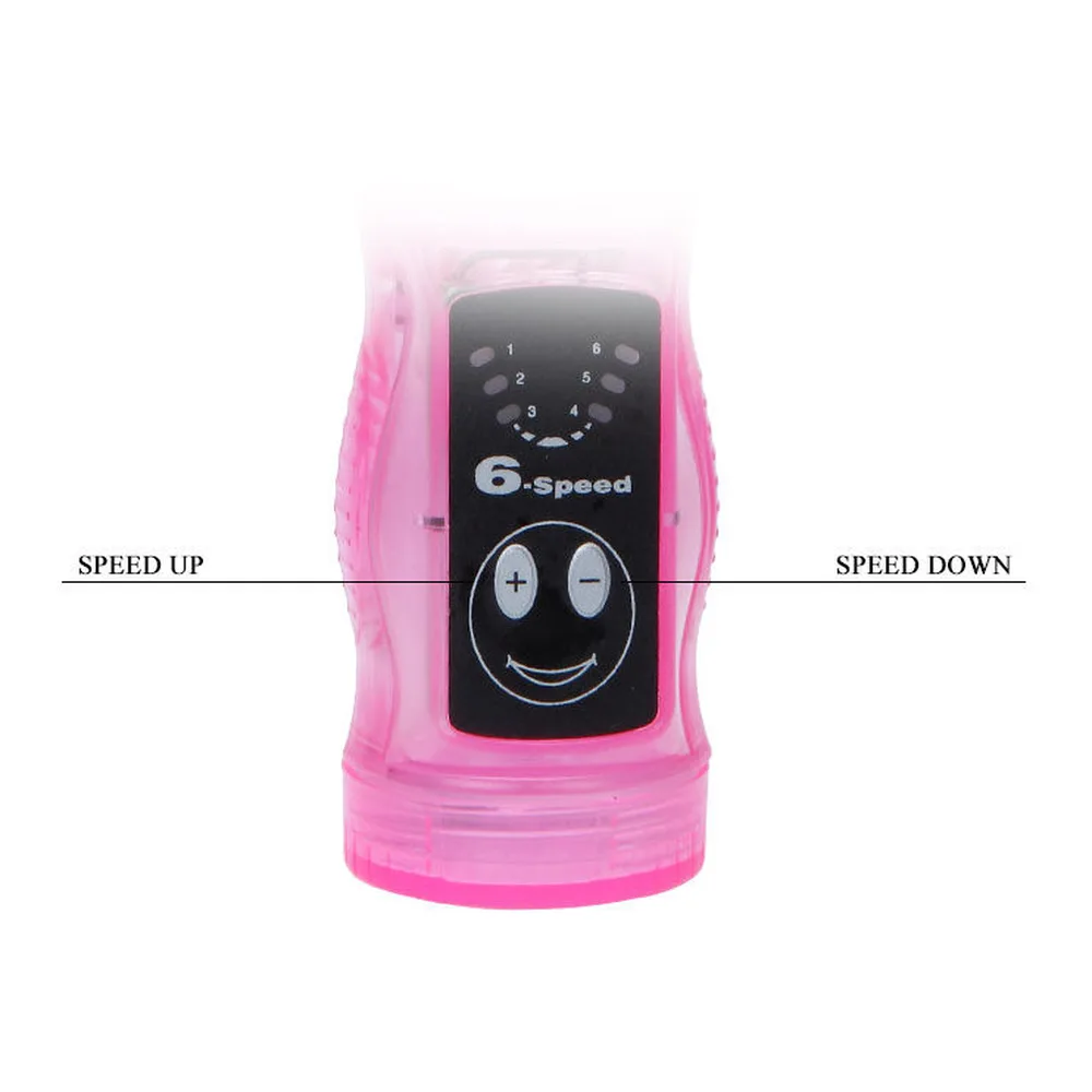 Vibromasseur rose translucide à piles avec stimulateur clitoridien, autre vue 5