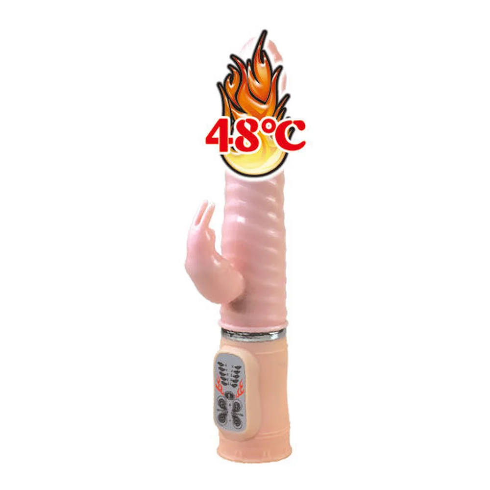 Schéma de dimensions d'un vibromasseur rabbit rose clair avec stimulateur clitoridien, tête rotative et fonction chauffante, contrôle à distance, 27 cm de longueur