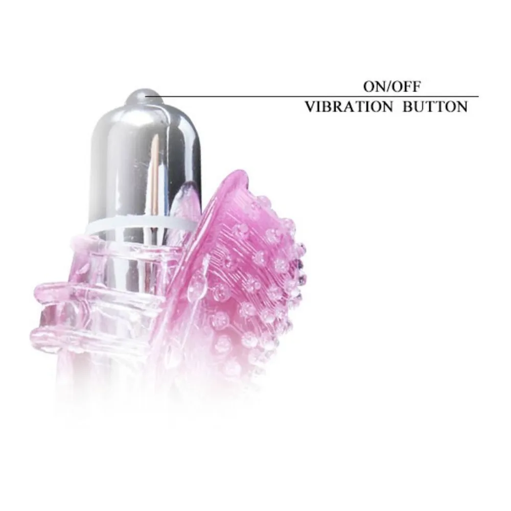 Doigt vibrant rose translucide avec motifs texturés, accompagné d'une capsule vibrante argentée, sur fond blanc. Bouton on/off visible en haut