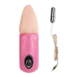Masseur avec tête rose pâle en silicone à picots et corps rose vif avec bouton de contrôle, accompagné d'une balle vibrante chromée reliée par câble tressé beige