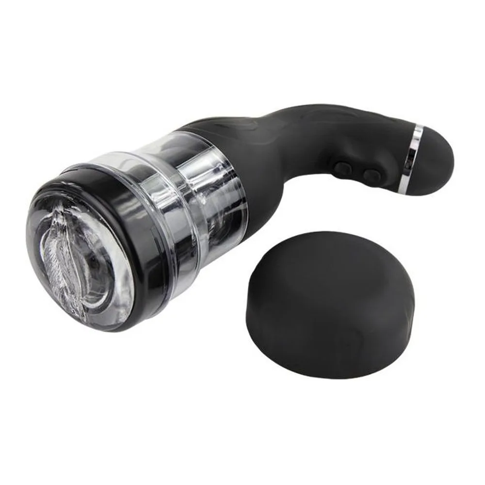 Masturbateur automatique noir avec tête arrondie motorisée, corps transparent et base noire, boutons de contrôle visibles, sur fond blanc