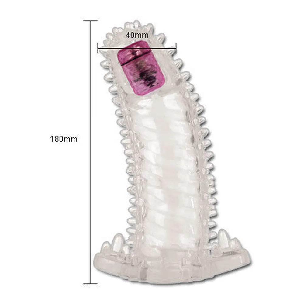 Schéma de dimensions d'une gaine transparente avec reliefs texturés, embout rose avec moteur vibrant en haut, 40 mm de largeur, 180 mm de hauteur totale