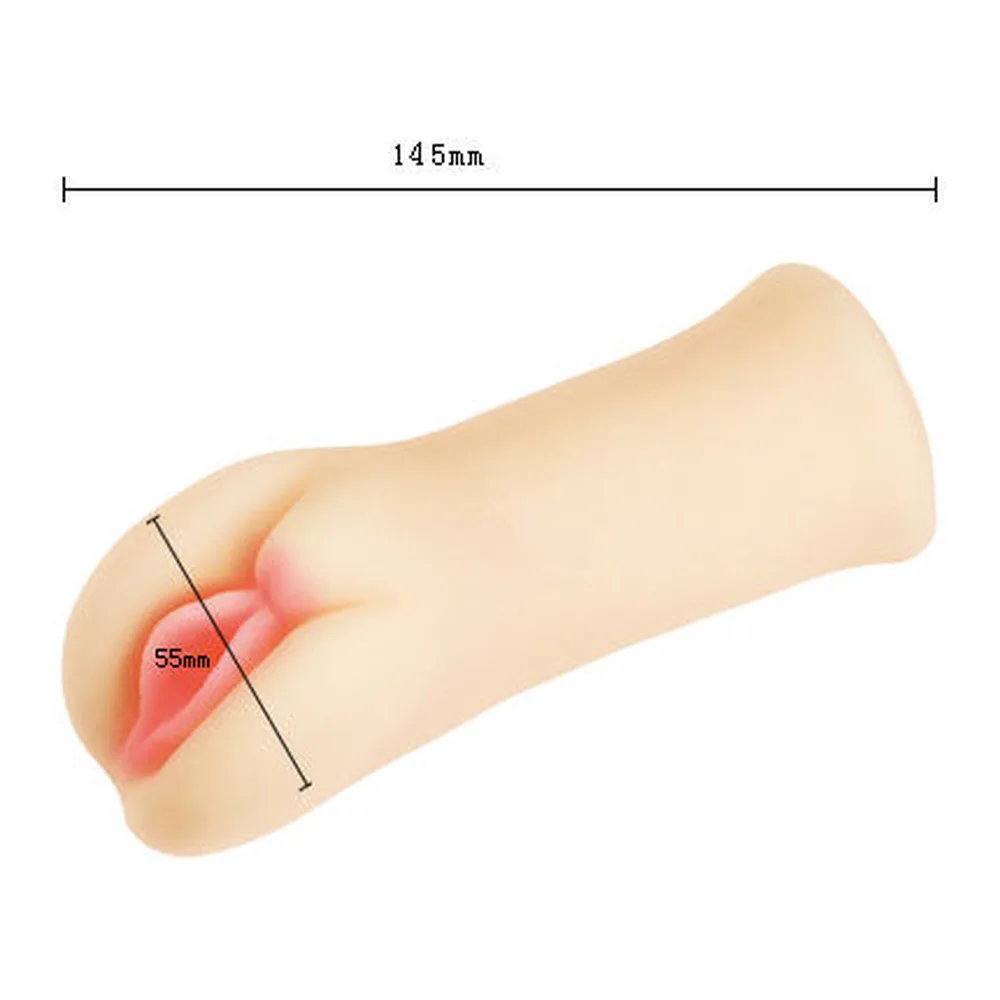 Schéma dimensionnel d'un masturbateur cylindrique beige clair, avec indications des mesures 145 mm en longueur et 55 mm de diamètre d'ouverture, fond blanc