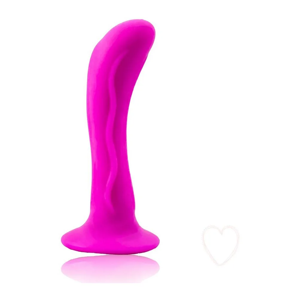 Gode anal incurvé en silicone rose vif avec ventouse, présenté en emballage avec notice, produit nu et sachet de rangement noir fermé par cordons