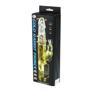 Emballage du vibromasseur rabbit Prince avec lapin translucide jaune-blanc, tête rotative et perles tournantes, télécommande filaire noire, fond noir