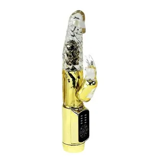 Vibromasseur rabbit jaune translucide, rotatif, à piles, étanche, autre vue 2