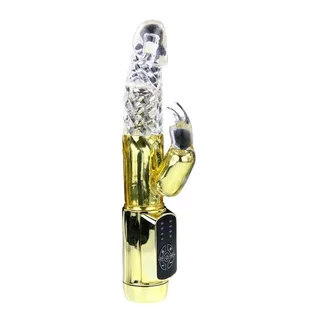 Vibromasseur rabbit jaune translucide, rotatif, à piles, étanche, autre vue 3