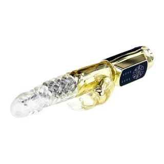 Vibromasseur rabbit jaune translucide, rotatif, à piles, étanche, autre vue 4