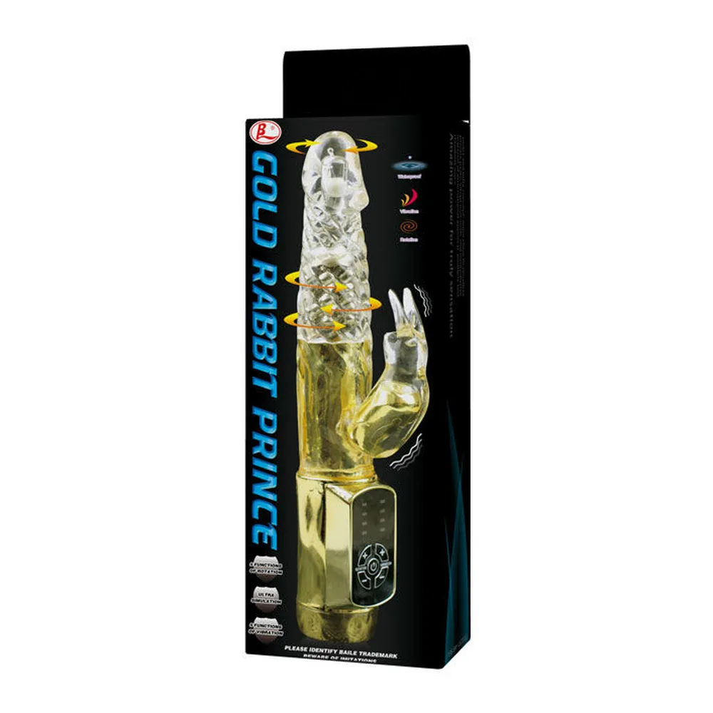 Vibromasseur rabbit jaune translucide, rotatif, à piles, étanche, autre vue 3