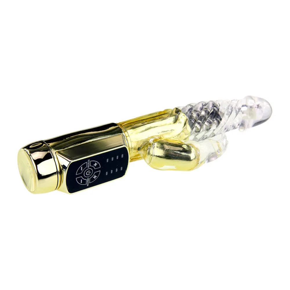 Vibromasseur rabbit jaune translucide, rotatif, à piles, étanche, autre vue 8