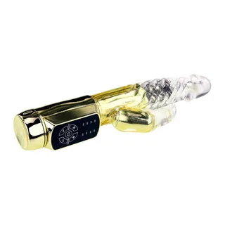 Vibromasseur rabbit jaune translucide, rotatif, à piles, étanche, autre vue 8