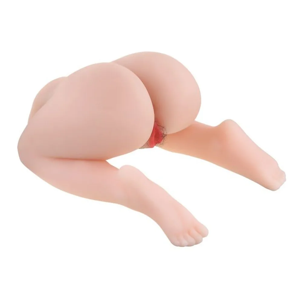 Masturbateur en silicone chair en forme de buste complet avec jambes, détail de l'ouverture en rouge au centre, fond blanc