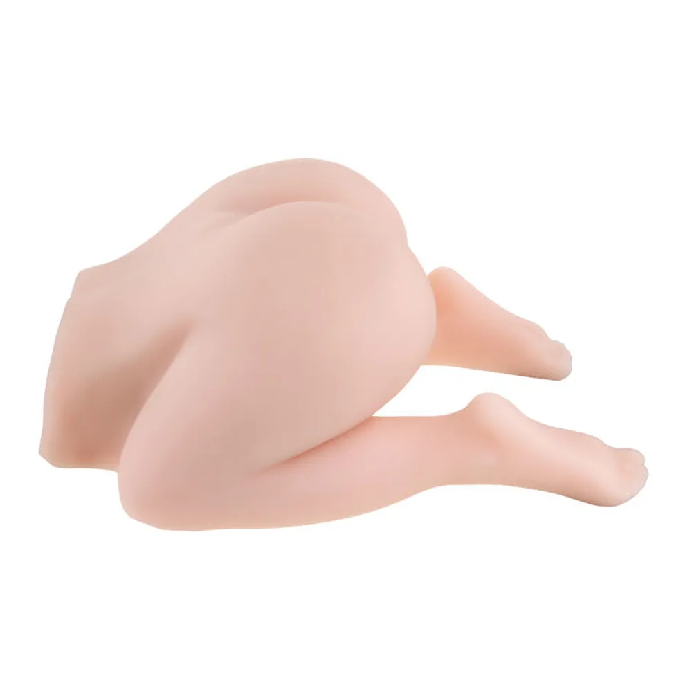 Masturbateur en silicone chair en forme de buste complet avec jambes, détail de l'ouverture en rouge au centre, fond blanc