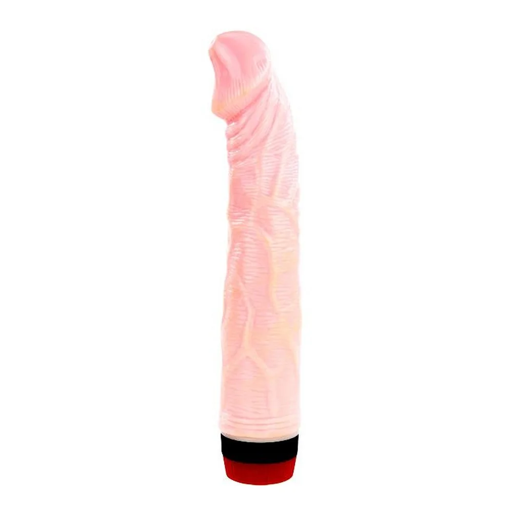 Vibromasseur réaliste en silicone rose clair avec relief texturé, base noire et rouge, sur fond blanc