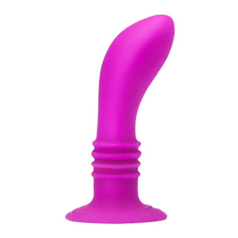 Vibromasseur rose fuchsia en silicone avec pointe arrondie incurvée, base rainurée et ventouse plate, sur fond blanc