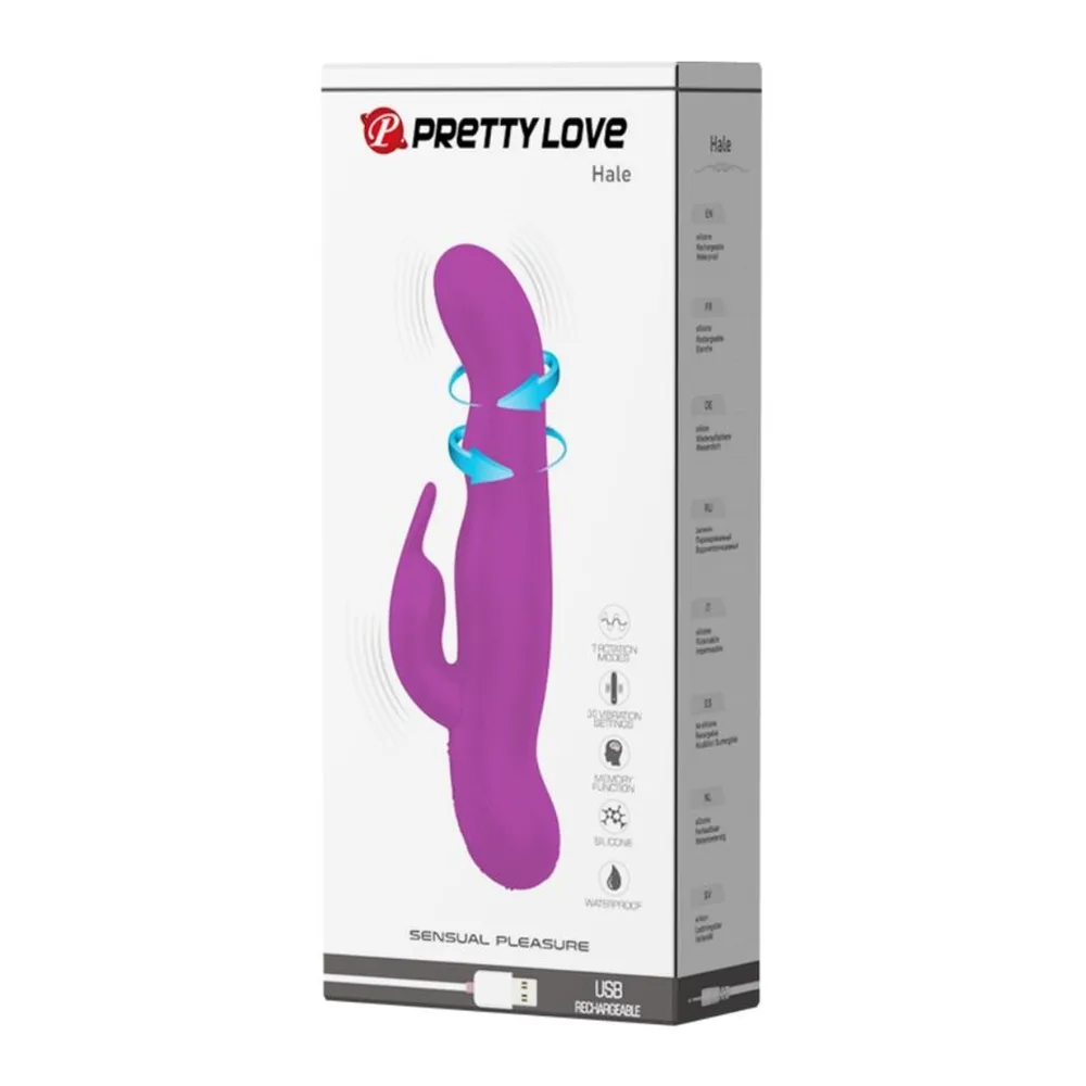 Emballage du stimulateur clitoridien Hale de Pretty Love, boîte grise et blanche montrant le jouet en silicone violet avec sa tête rotative et ses bras articulés turquoise